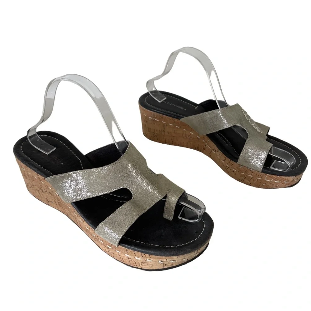 Donald Pliner Shelee2 Metallic Silver Cork Wedge Sandals Size 10 Leather Suede